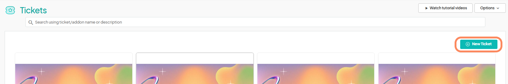 Tickets page with a search bar at the top and a 'New Ticket' button highlighted on the right.