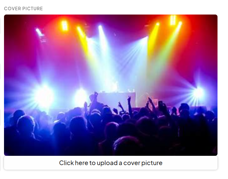 Ticket creation form showing a vibrant cover picture of a concert scene with bright stage lights and a crowd.