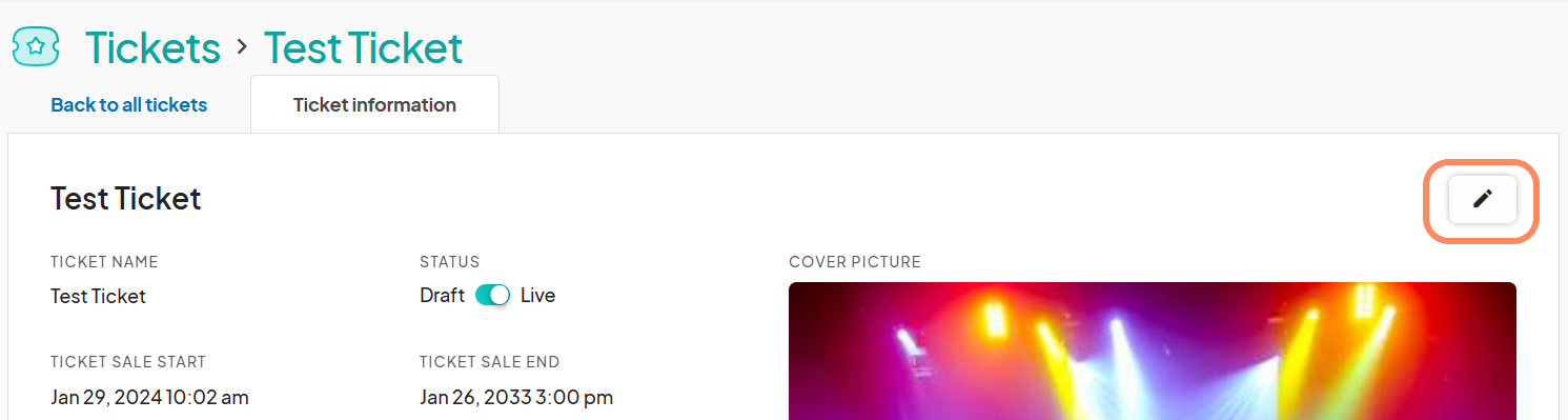 The ticket information page for 'Test Ticket' highlights an edit option with a pencil icon in the top-right corner.