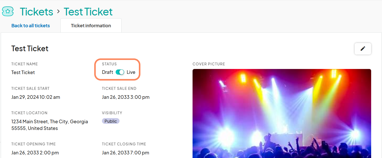 A ticket details screen for 'Test Ticket' features a status toggle (Draft/Live) and a concert cover picture on the right.