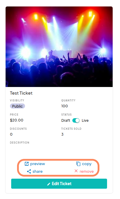 The bottom of the 'Test Ticket' card displays action buttons for Preview, Share, Copy, Remove, and Edit Ticket.