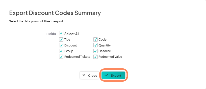 Same Export Discount Codes Summary dialog. The 'Export' button at the bottom is highlighted.