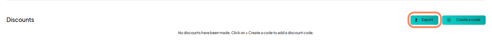 Discounts section with a message stating 'No discounts have been made.' The 'Export' button is highlighted alongside 'Create a code'.