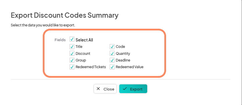 Export Discount Codes Summary dialog with several data fields selected under 'Fields'. The group of checkboxes for export fields is highlighted.