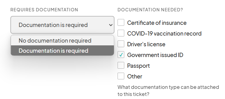 Screenshot of the 'Requires Documentation' dropdown showing 'Documentation is required' selected, with checkboxes for various documentation types like 'Government issued ID'.