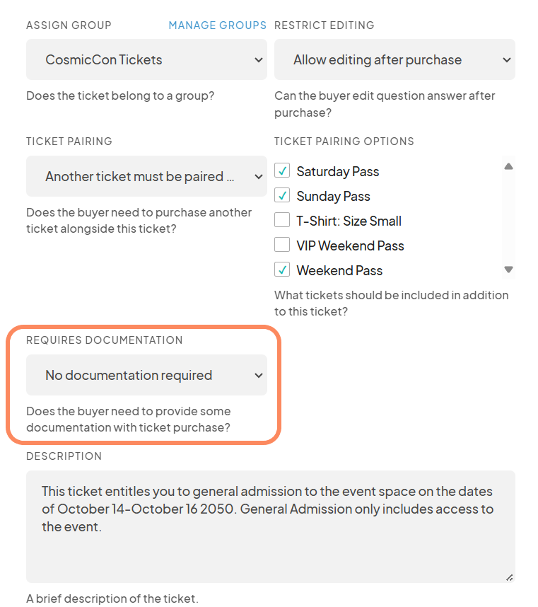 Screenshot of ticket settings with the 'No documentation required' option highlighted under 'Requires Documentation'.