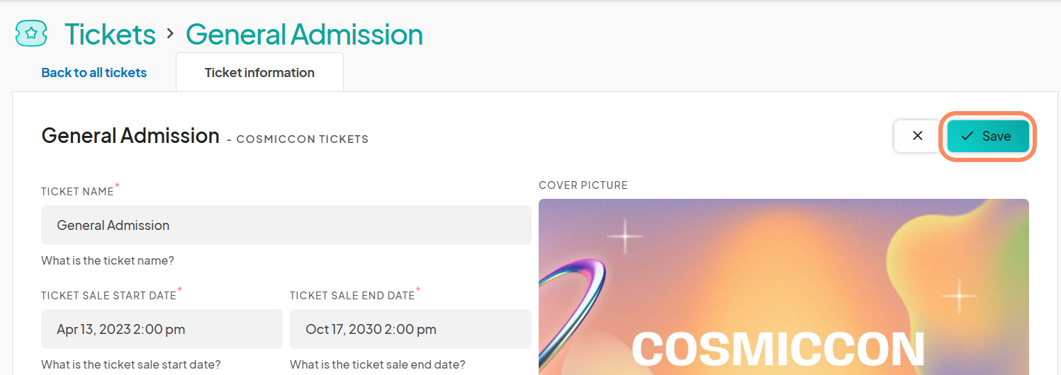 Screenshot of the 'General Admission' ticket settings page with 'Draft' and 'Live' status toggle highlighted.