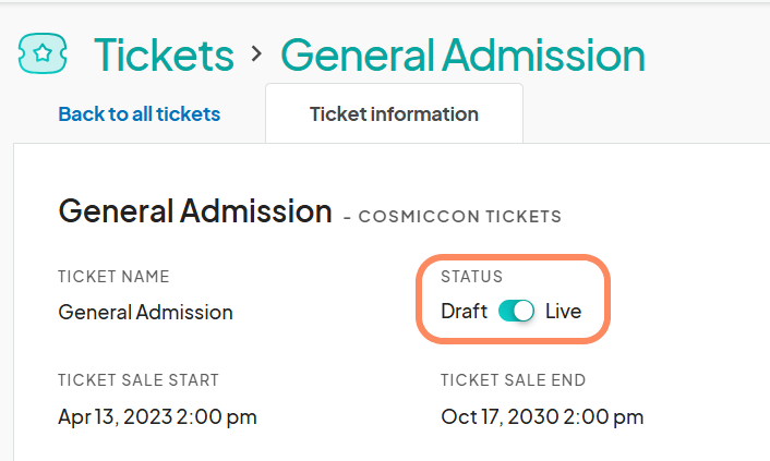 Screenshot of the 'General Admission' ticket settings page with 'Draft' and 'Live' status toggle highlighted.