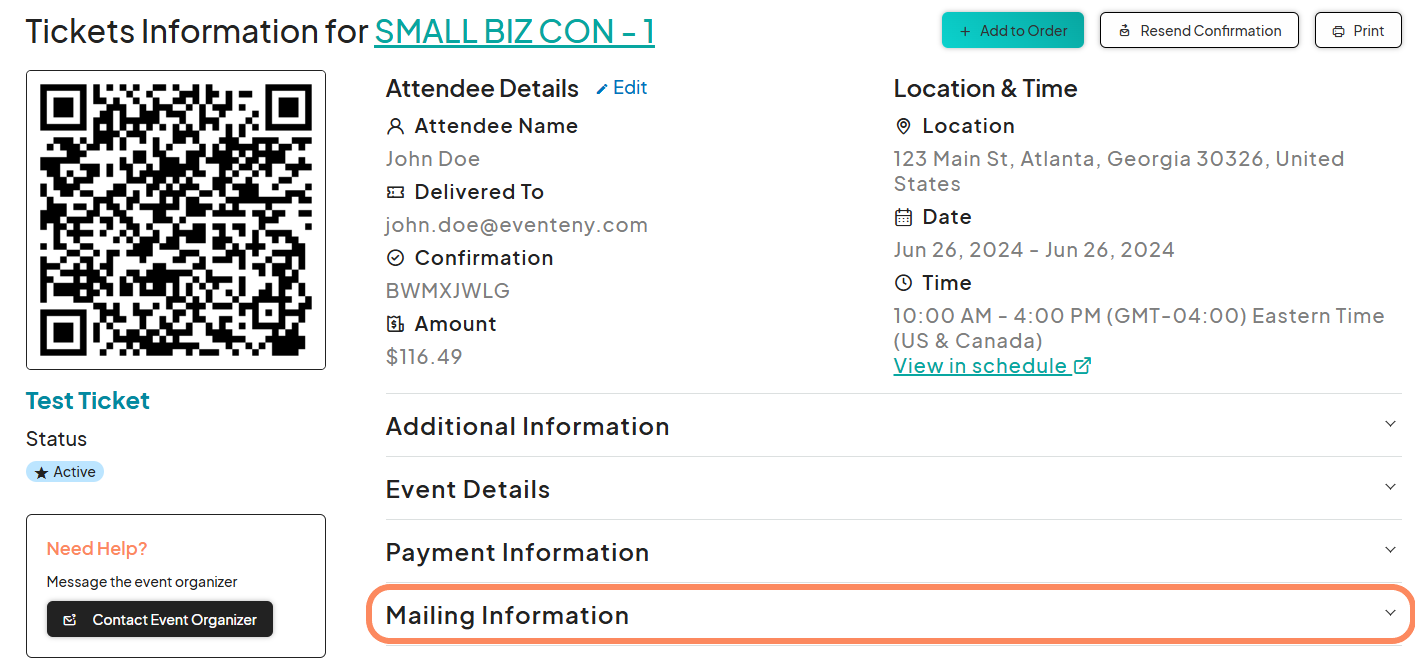 Tickets Information page for 'SMALL BIZ CON - 1' showing a QR code on the left, attendee details (name, email), confirmation number, and the event's location and date/time. Highlighted 'Mailing Information' section at the bottom of the page.
