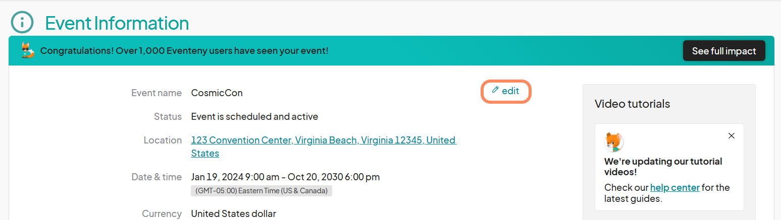 The 'edit' button is highlighted for the event information section, showing details such as event name, status, and location.