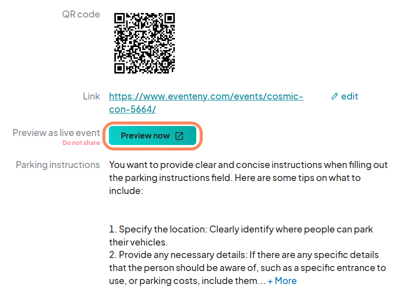 The 'Preview now' button is highlighted for the 'Preview as live event' option in the event information page.