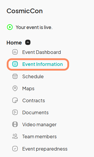 The 'Event Information' option is highlighted under the Home menu for the event 'CosmicCon'.