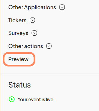 The 'Preview' option is highlighted under 'Other Applications' for the event 'CosmicCon'.