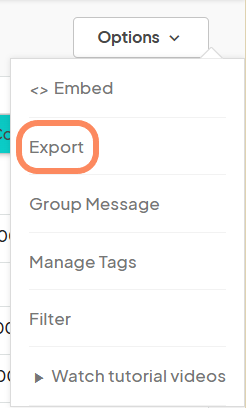 Options dropdown menu with 'Export' highlighted.