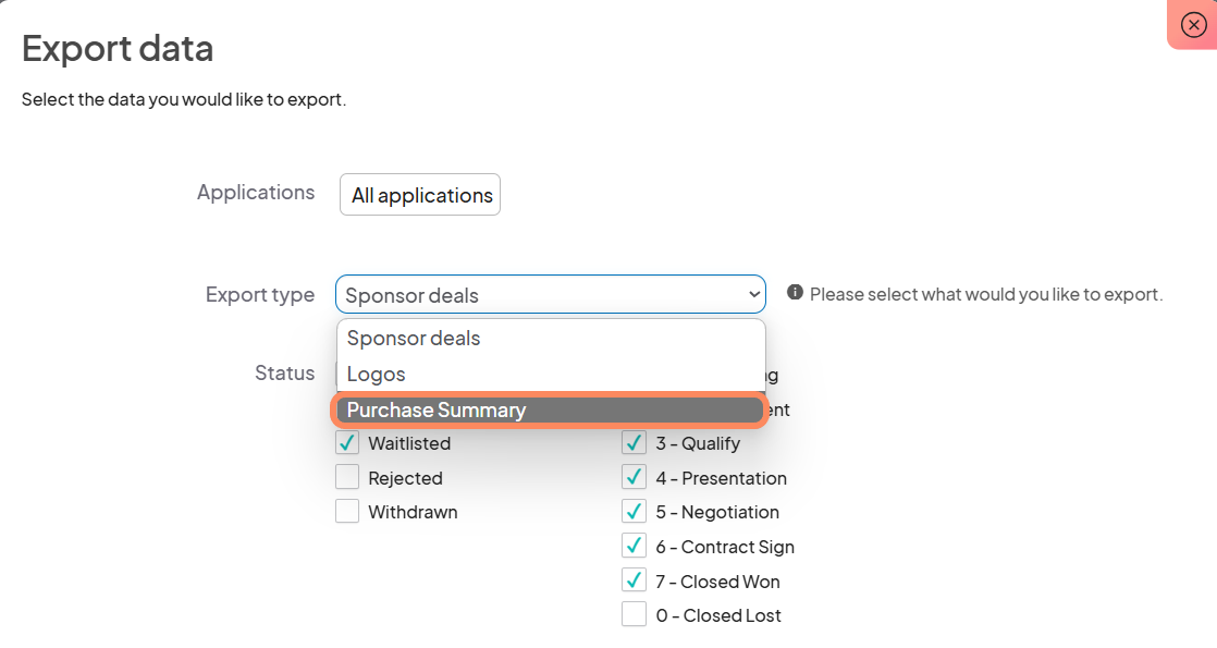 Export data screen with dropdowns for applications, export type, and status. 'Purchase Summary' is highlighted in the Export type menu.