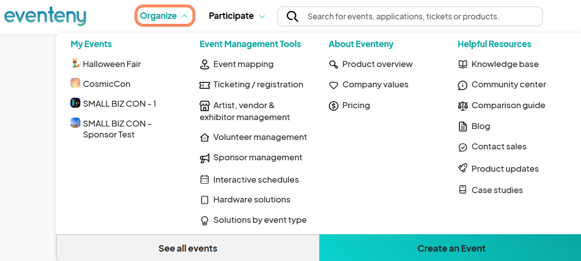 The Eventeny 'Organize' dropdown menu expanded, showing options under 'My Events,' 'Event Management Tools,' 'About Eventeny,' and 'Helpful Resources.' The 'Organize' text is highlighted.