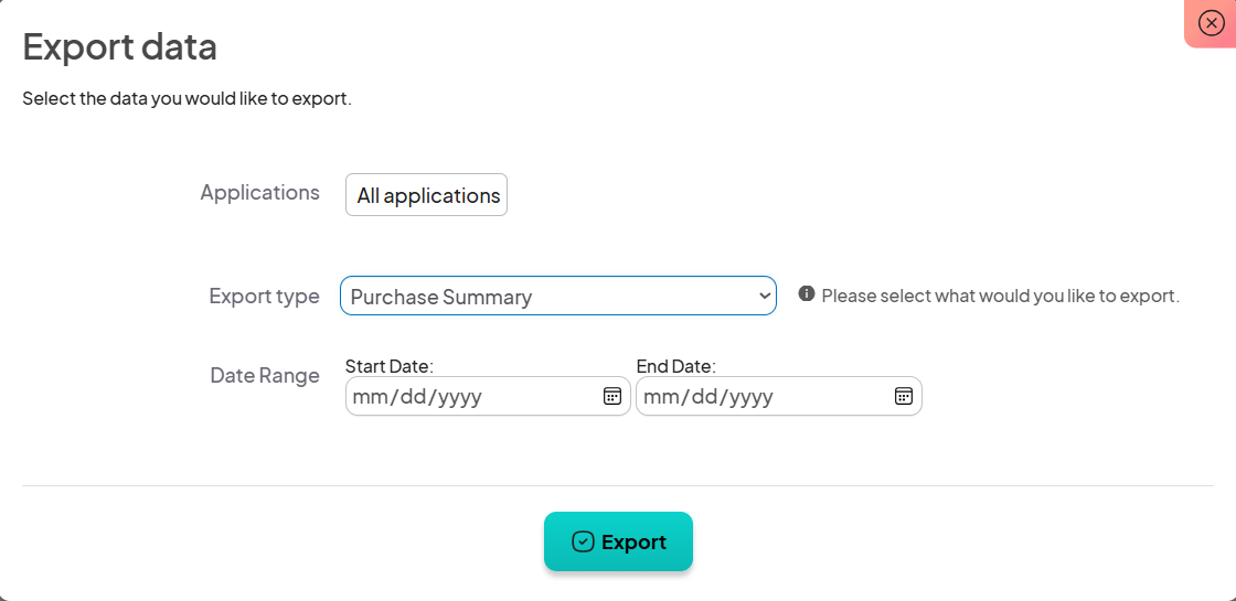 Export data screen with fields for applications, export type, and date range. 'Export' button at the bottom.