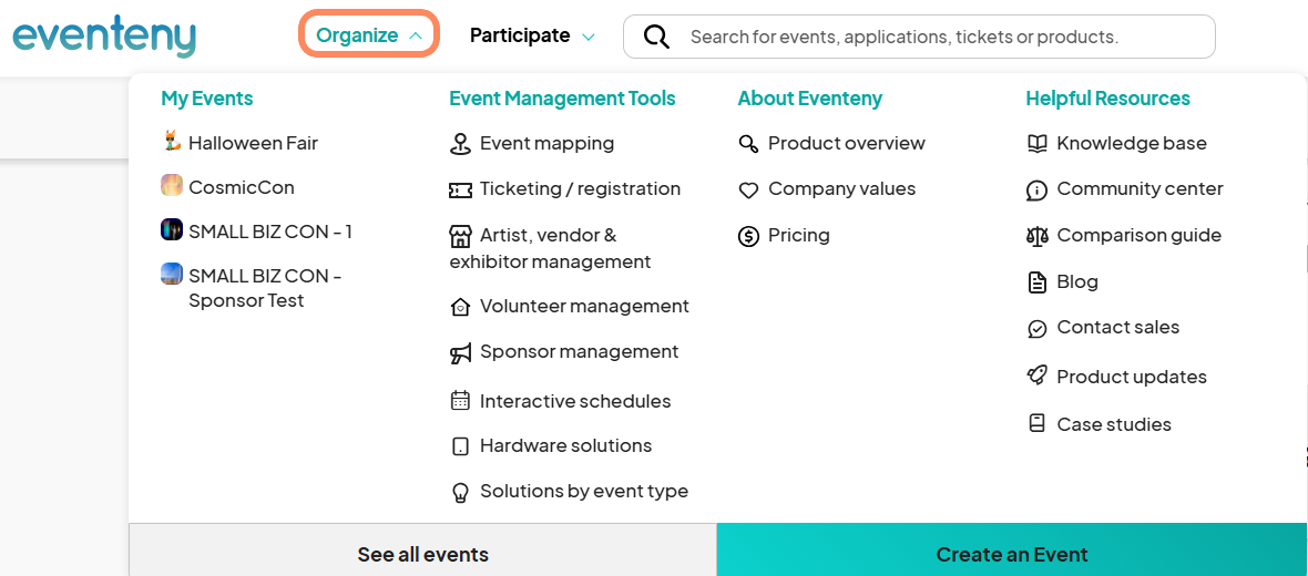 Dropdown menu in the Eventeny platform with the 'Organize' tab highlighted, showing various options like 'My Events,' 'Event Management Tools,' 'About Eventeny,' and 'Helpful Resources.' Options include event mapping, ticketing/registration, and access to the knowledge base.
