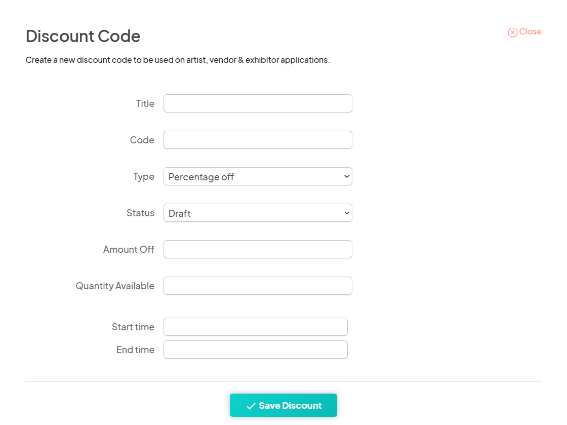 Form to create a new discount code on Eventeny. Fields include Title, Code, Type, Status, Amount Off, Quantity Available, Start Time, and End Time. The 'Save Discount' button is at the bottom.