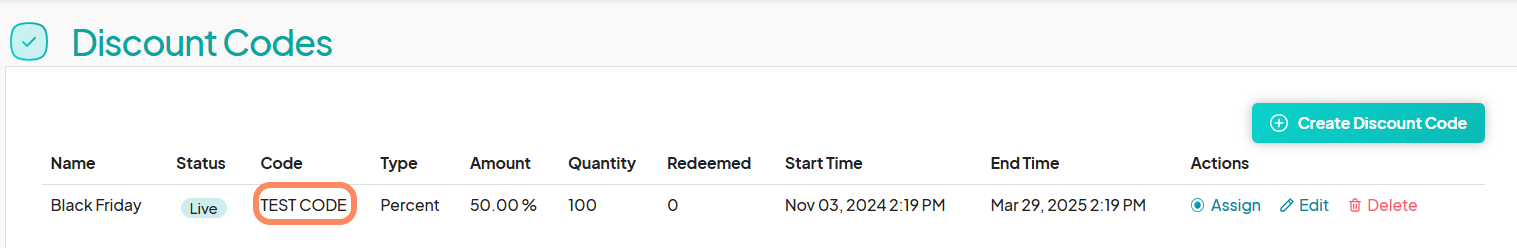 Discount Codes page showing a single code named 'Black Friday,' with the code 'TEST CODE' highlighted in the code column.