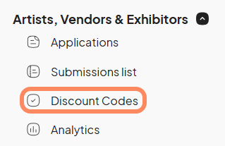 'Discount Codes' option highlighted under the 'Artists, Vendors & Exhibitors' section in the Eventeny navigation menu.