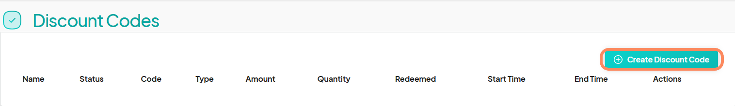Discount Codes page on Eventeny, showing a list of discount codes with columns for name, status, code, type, amount, and actions. The 'Create Discount Code' button is highlighted.