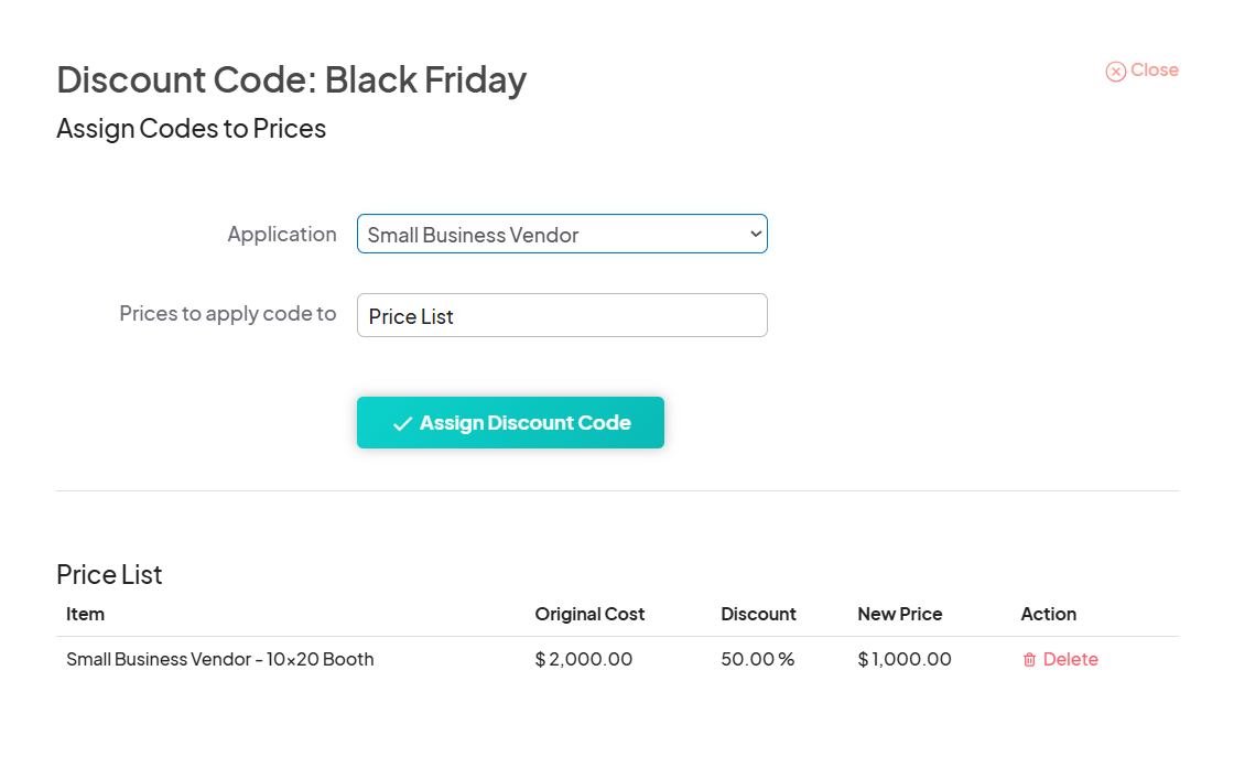 Assign Discount Code page for 'Black Friday' on Eventeny, showing dropdown menus for selecting an application and a price list. Below is a table listing price details, including the original cost, discount, and new price.