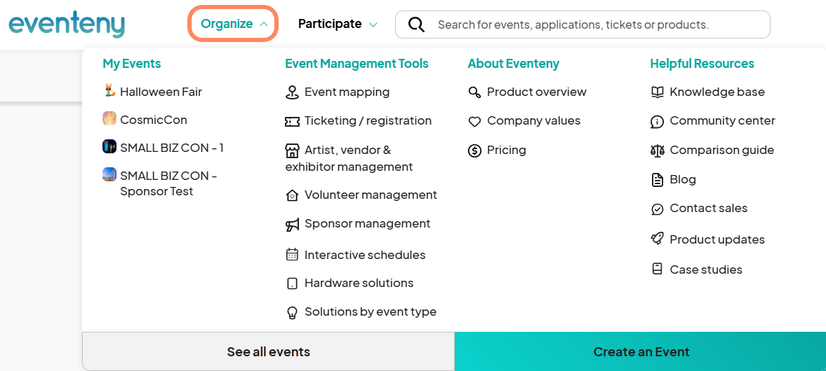 A dropdown menu under the 'Organize' tab on the Eventeny dashboard, showing options like 'Event Mapping,' 'Ticketing/Registration,' 'Artist, Vendor & Exhibitor Management,' and additional event management tools. Includes links to resources such as a knowledge base and 'Company Values.'
