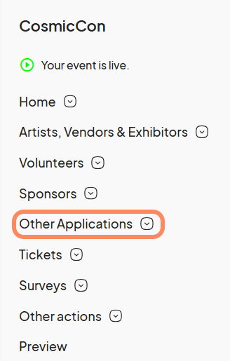 A screenshot of the event-specific sidebar navigation menu, with the 'Other Applications' section highlighted, alongside other sections like 'Home,' 'Tickets,' and 'Surveys.'