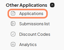 The submenu for 'Other Applications' expanded, showing options like 'Applications,' 'Submissions list,' 'Discount Codes,' and 'Analytics.'