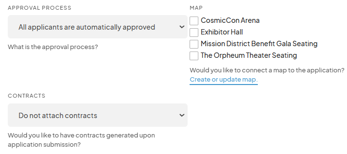 Dropdown menus for selecting an approval process (e.g., 'All applicants are automatically approved') and connecting maps or contracts to the application. Options for maps include 'CosmicCon Arena' and 'Exhibitor Hall.'