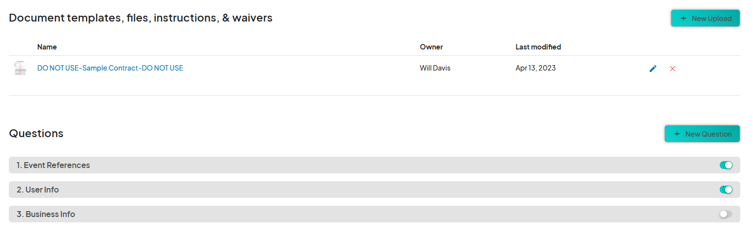 Screenshot of the 'Document templates, files, instructions, & waivers' section showing an uploaded document titled 'DO NOT USE - Sample Contract - DO NOT USE' with options to edit or delete. Below, the 'Questions' section lists three toggleable categories: '1. Event References,' '2. User Info,' and '3. Business Info,' each with an on/off toggle button.