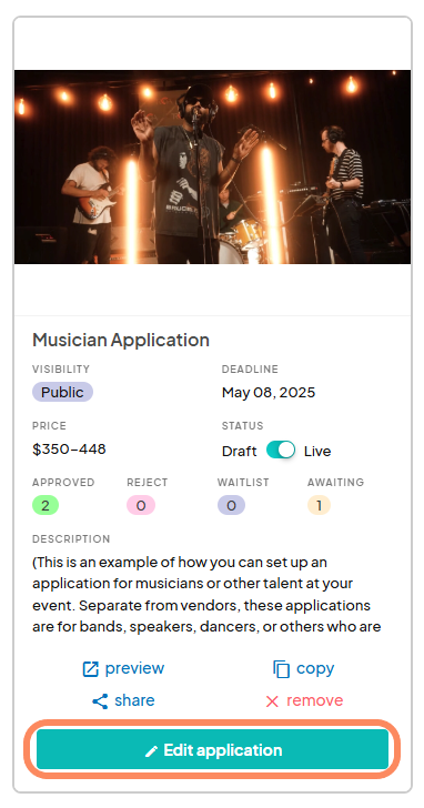 A close-up of a sample application card, with the 'Edit application' button highlighted at the bottom. The card shows application stats, including 'Approved,' 'Rejected,' 'Waitlisted,' and 'Awaiting' submissions.