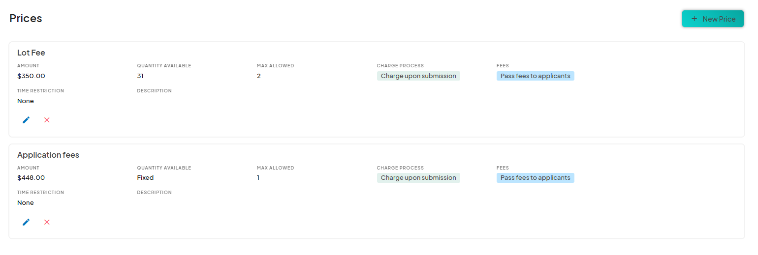Screenshot of the 'Prices' section displaying two price categories: 'Lot Fee' priced at $350.00 with a quantity of 31 available and 'Application fees' priced at $448.00 with a fixed quantity. Each price includes information on time restrictions, charge process, and fee structure, along with options to edit or delete.