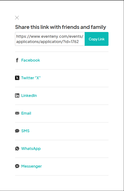Screenshot of the 'Share this link with friends and family' modal. Includes a copyable link at the top and sharing options for platforms such as Facebook, Twitter, LinkedIn, Email, SMS, WhatsApp, and Messenger.