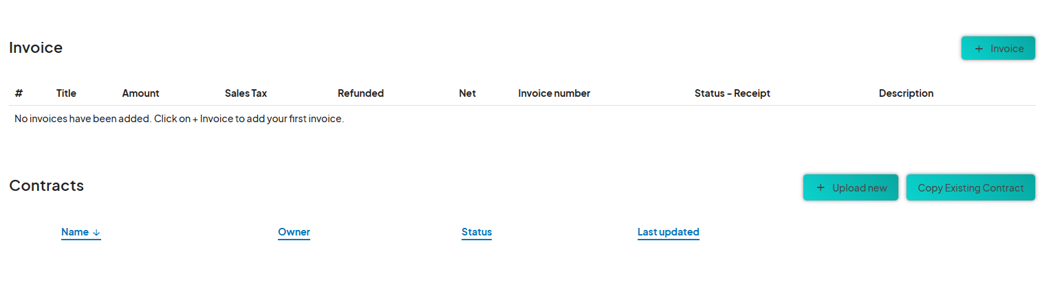 Invoice and contracts section with options to add invoices, upload new contracts, or copy existing contracts.