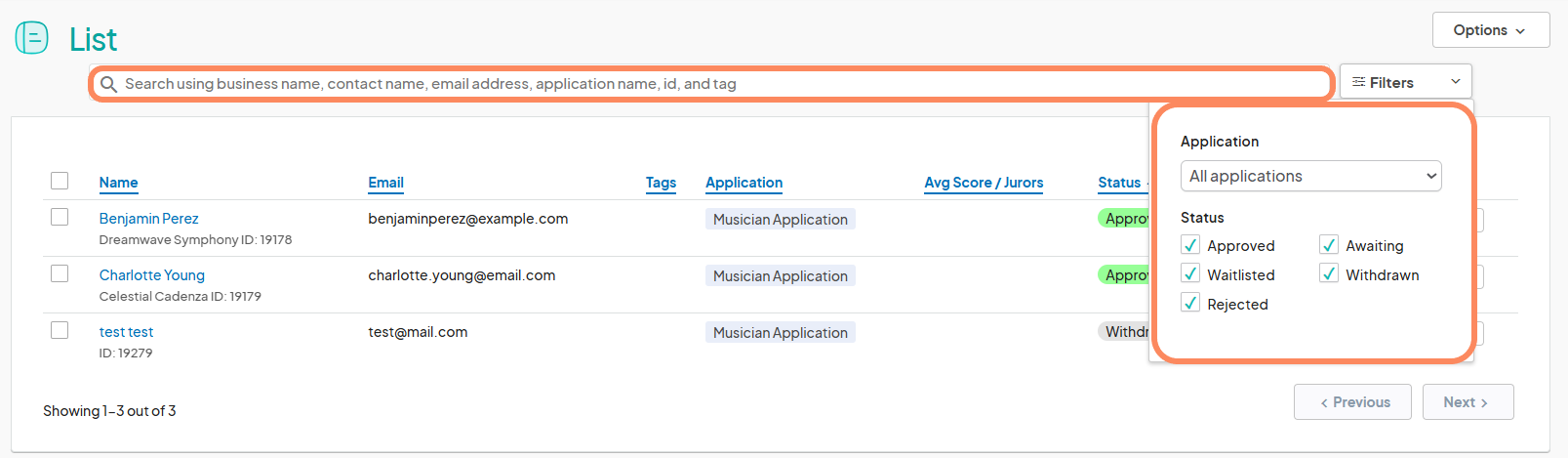 Search bar and filter options on the Submissions list page with application and status filters highlighted.