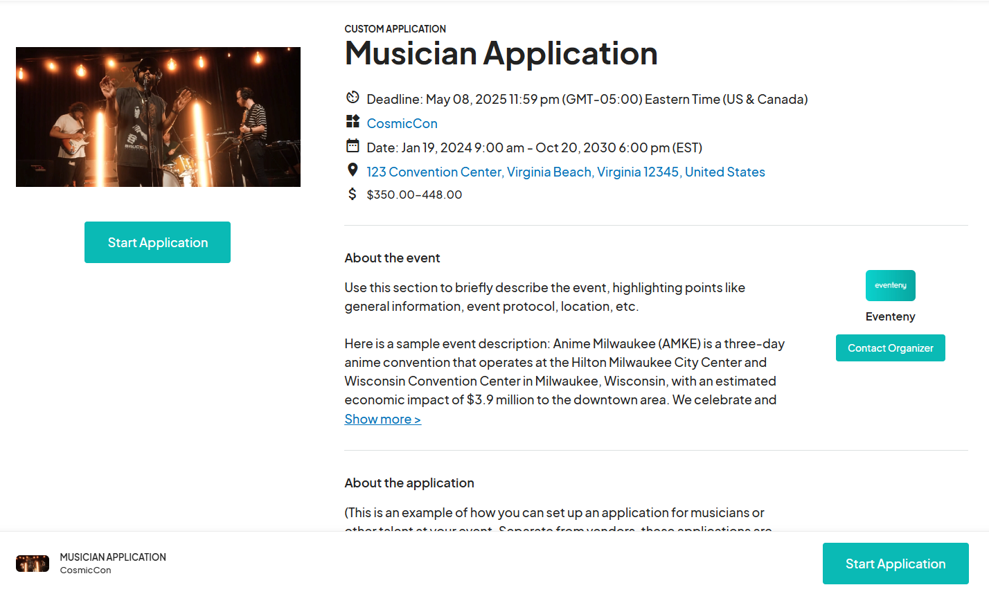 Screenshot of the 'Custom Application' page for the 'Musician Application' event. Includes a large header image of a band, event details like location and date, and sections for 'About the event' and 'About the application.' A green 'Start Application' button is prominently displayed.