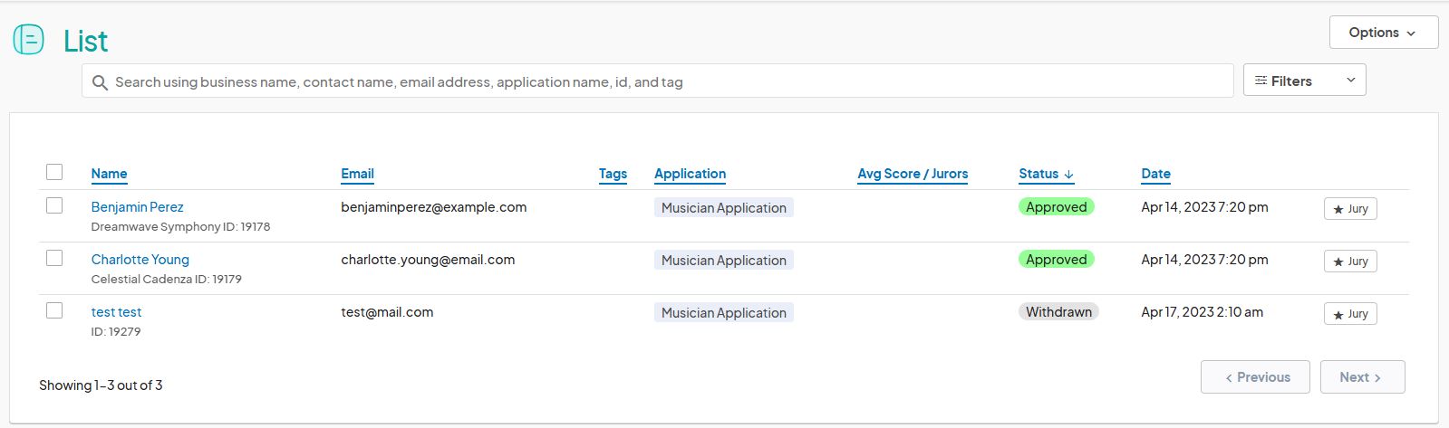 Submissions list page showing approved and withdrawn applications with applicant names, emails, and application details.