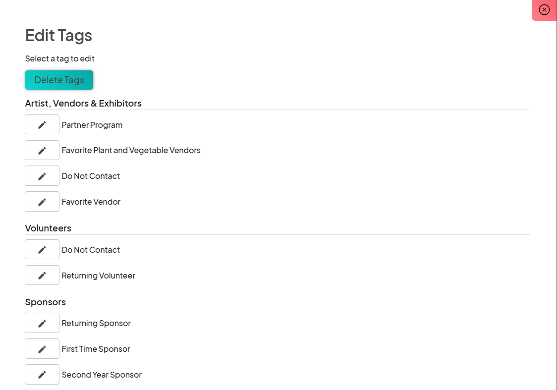 Edit tags page displaying categories for Artist, Vendors & Exhibitors, Volunteers, and Sponsors, with editable tag options.