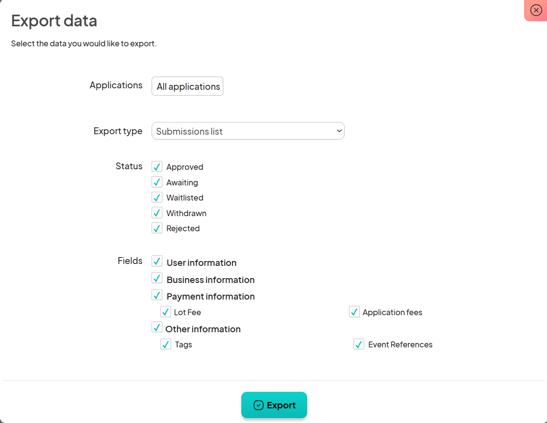 Export data pop-up window with fields to select applications, statuses, and data fields to include in the export.