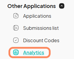 The 'Other Applications' menu is expanded, showing four options: 'Applications', 'Submissions list' highlighted with an orange border, 'Discount Codes', and 'Analytics'.