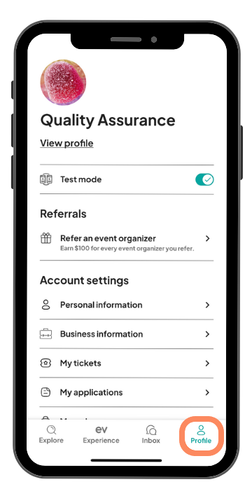 An app interface displaying 'Profile' highlighted at the bottom right corner, showing settings like 'Test mode', 'Referrals', and 'Account settings'.