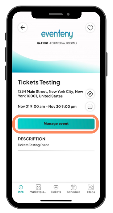 Event details for 'Tickets Testing' are displayed with the option 'Manage event' highlighted in a turquoise button.