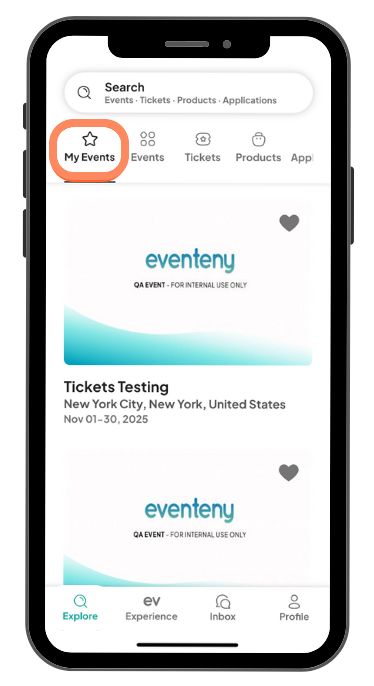An app interface showing the 'My Events' section highlighted, with a QA event listed named 'Tickets Testing' scheduled in New York City, United States, from November 1 to November 30, 2025.