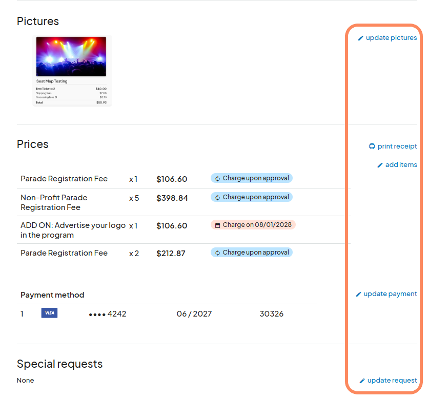 A page displaying 'Pictures,' 'Prices,' and 'Payment Method' sections, with highlighted options on the right for 'update pictures,' 'print receipt,' 'add items,' 'update payment,' and 'update request'.