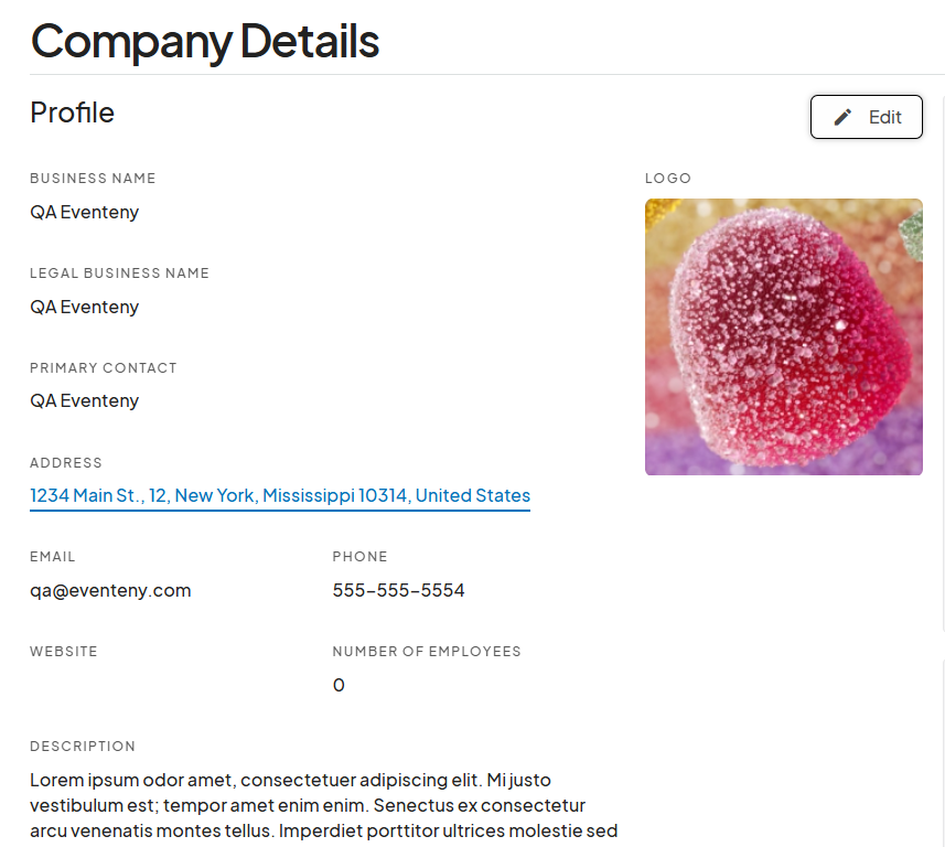 'Company Details' page displaying the company profile. It includes fields like Business Name, Legal Business Name, Primary Contact, Address, Email, Phone, and a company description. A colorful company logo image of a pink, frosted berry is displayed on the right. The 'Edit' button is at the top-right.
