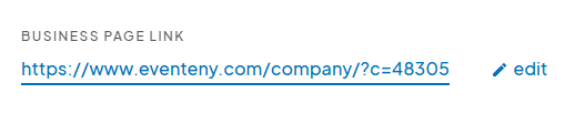 Section titled 'Business Page Link' showing a hyperlink to a company page: https://www.eventeny.com/company/?c=48305. An 'edit' icon is highlighted next to the link.