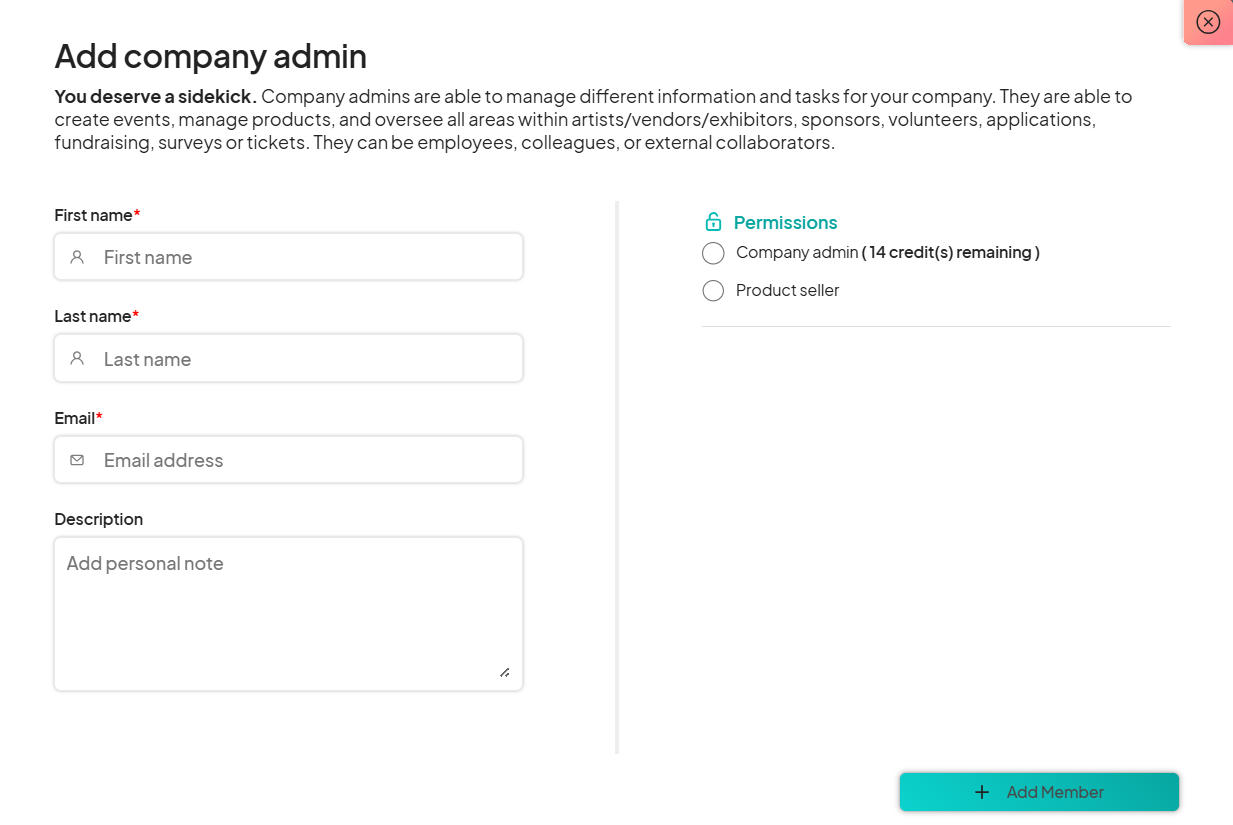 'Add company admin' page. A form for adding a new admin includes fields for 'First name,' 'Last name,' 'Email,' and 'Description.' A permissions section allows selection between 'Company admin' and 'Product seller' roles. A teal 'Add Member' button is displayed at the bottom-right.

