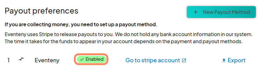 Updated payout preferences table showing a payout method labeled Eventeny with a status marked as Enabled (highlighted in green). Options to Go to stripe account and Export are available.